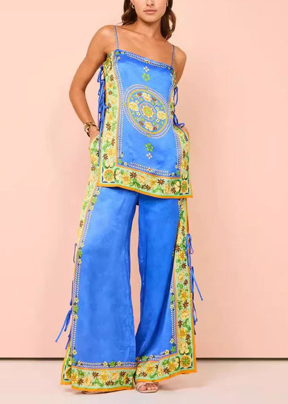 And Two Wide Tasseel Print Pants Women Top Leg Blue Patchwork