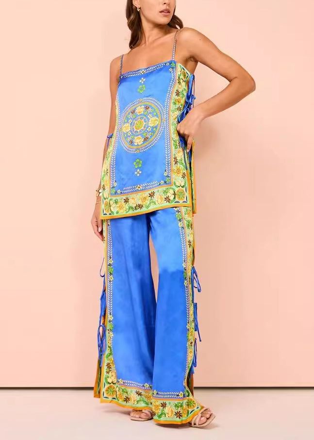 And Two Wide Tasseel Print Pants Women Top Leg Blue Patchwork