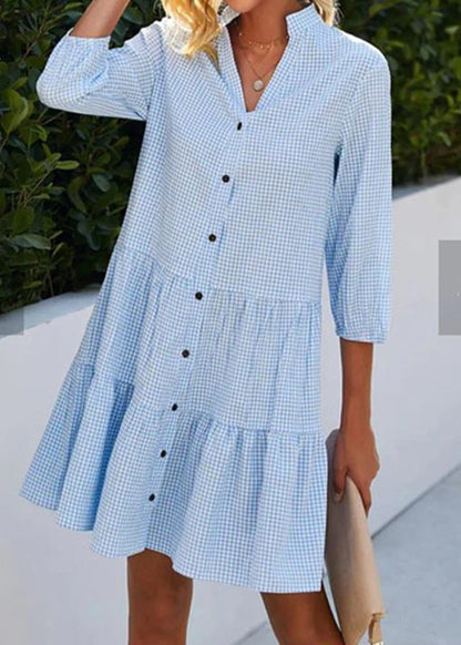 Plaid Mid Blue Button Fall Collar Dress Stand Women Shirts