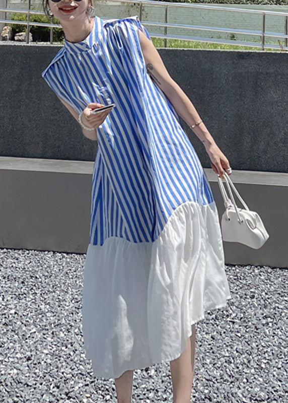 Women Blue Striped Patchwork Button Chiffon Long Dress Summer UU1034