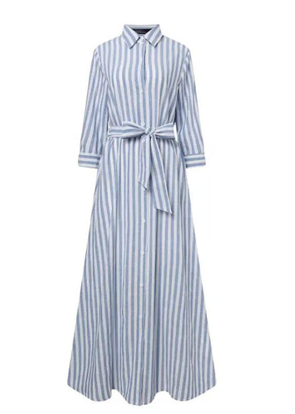 Blue Women Dress Shirt Summer Waist Striped Cotton Tie