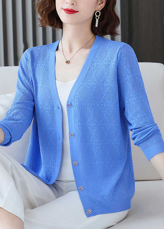 Women Blue V Neck Ice Silk Knit Loose Coat Fall QO038