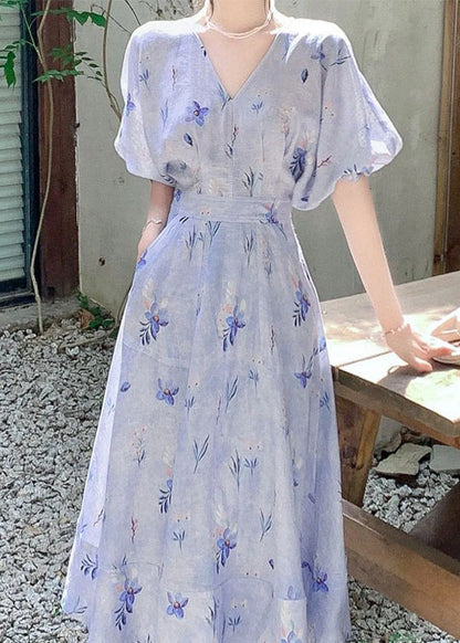 Frauen Blau V-ausschnitt Print Baumwolle Langes Kleid Sommer KJ006