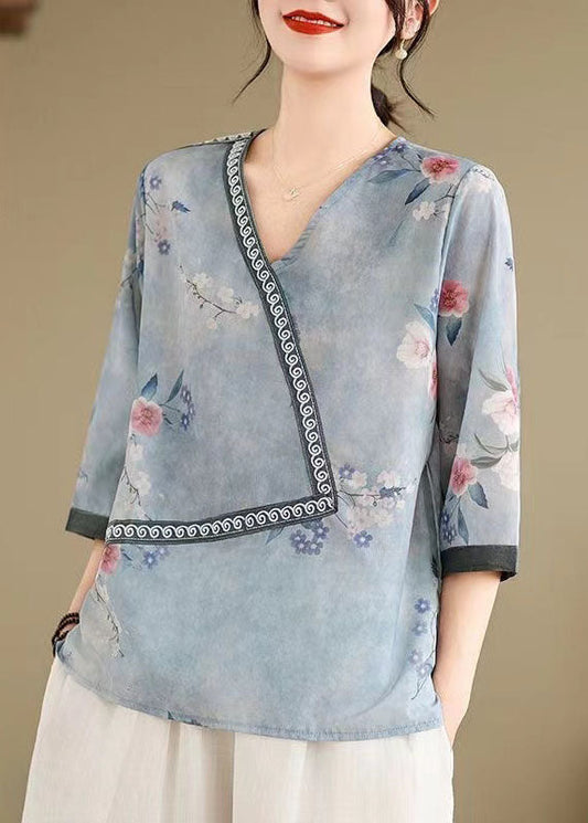 Women Blue V Neck Print Patchwork Cotton Tops Summer AP091