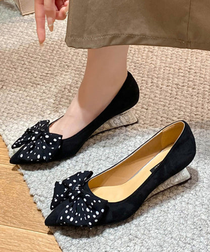 Suede Bow Black Toe Wedge Pointed Women Shoes Splicing