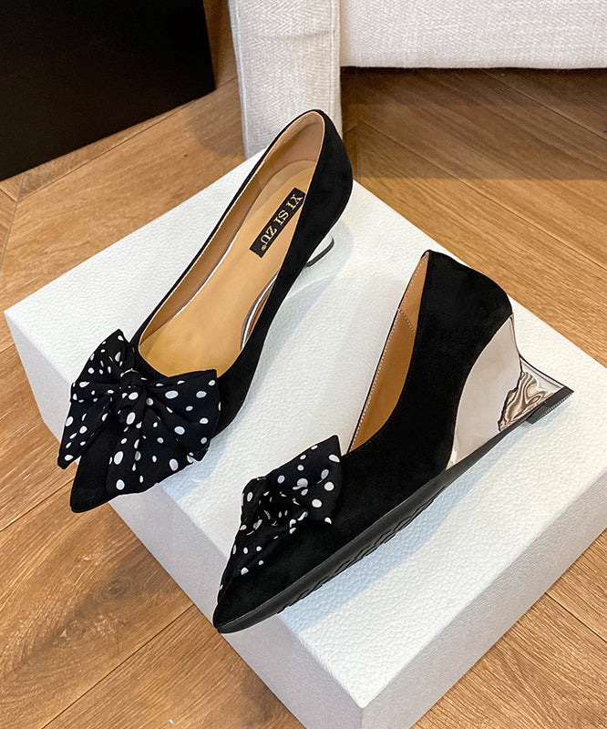 Suede Bow Black Toe Wedge Pointed Women Shoes Splicing