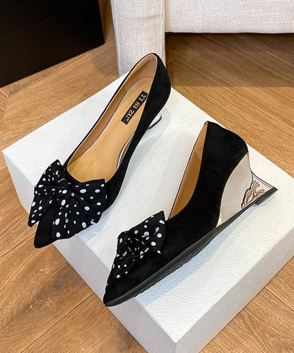 Suede Bow Black Toe Wedge Pointed Women Shoes Splicing