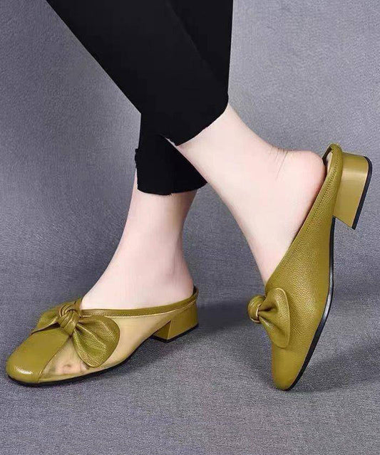 Chunky Leather Cowhide Bow Slide Yellow Women Tulle Splicing