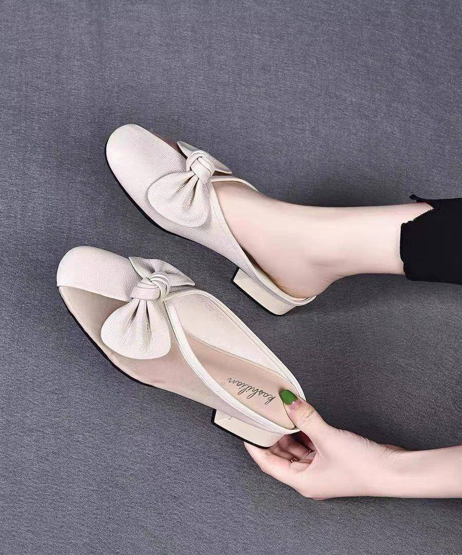 Chunky Leather Cowhide Bow Slide Yellow Women Tulle Splicing