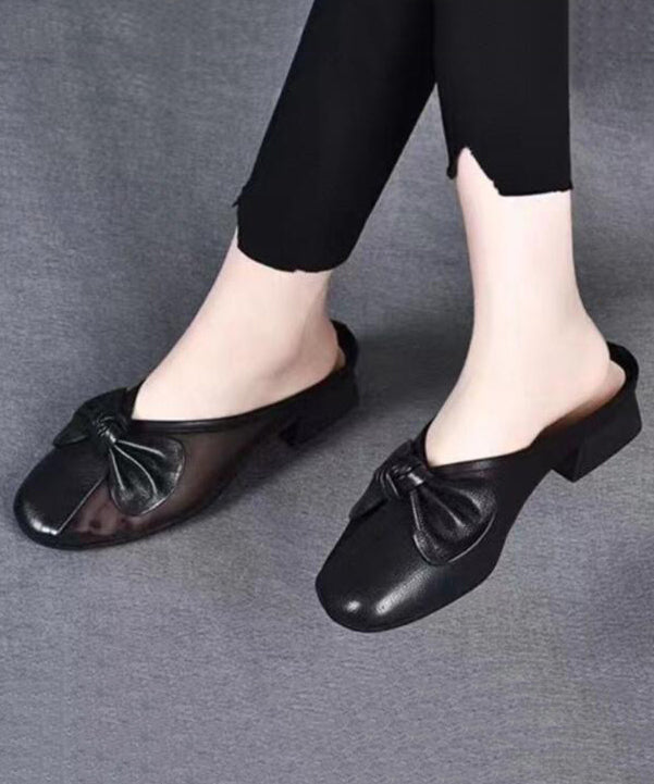 Chunky Leather Cowhide Bow Slide Yellow Women Tulle Splicing