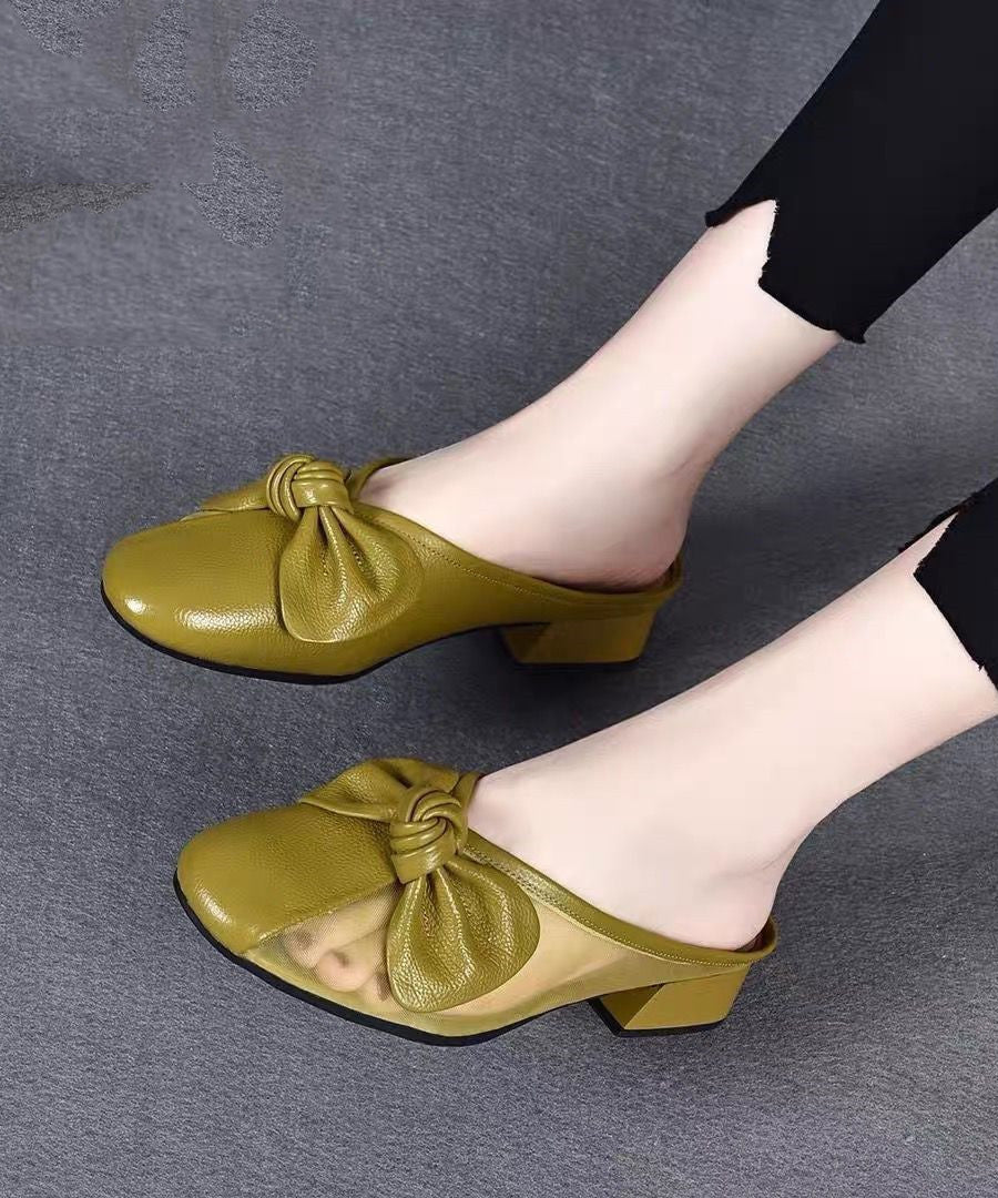 Chunky Leather Cowhide Bow Slide Yellow Women Tulle Splicing