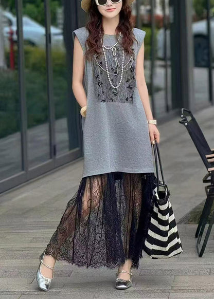 Brown Women Patchwork Lace Dresses Backless Straight Sleeveless