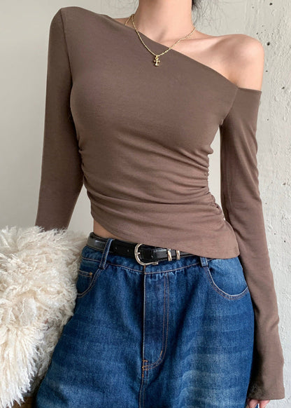 Shoulder One Women Brown Tops Fall Blouse Cotton