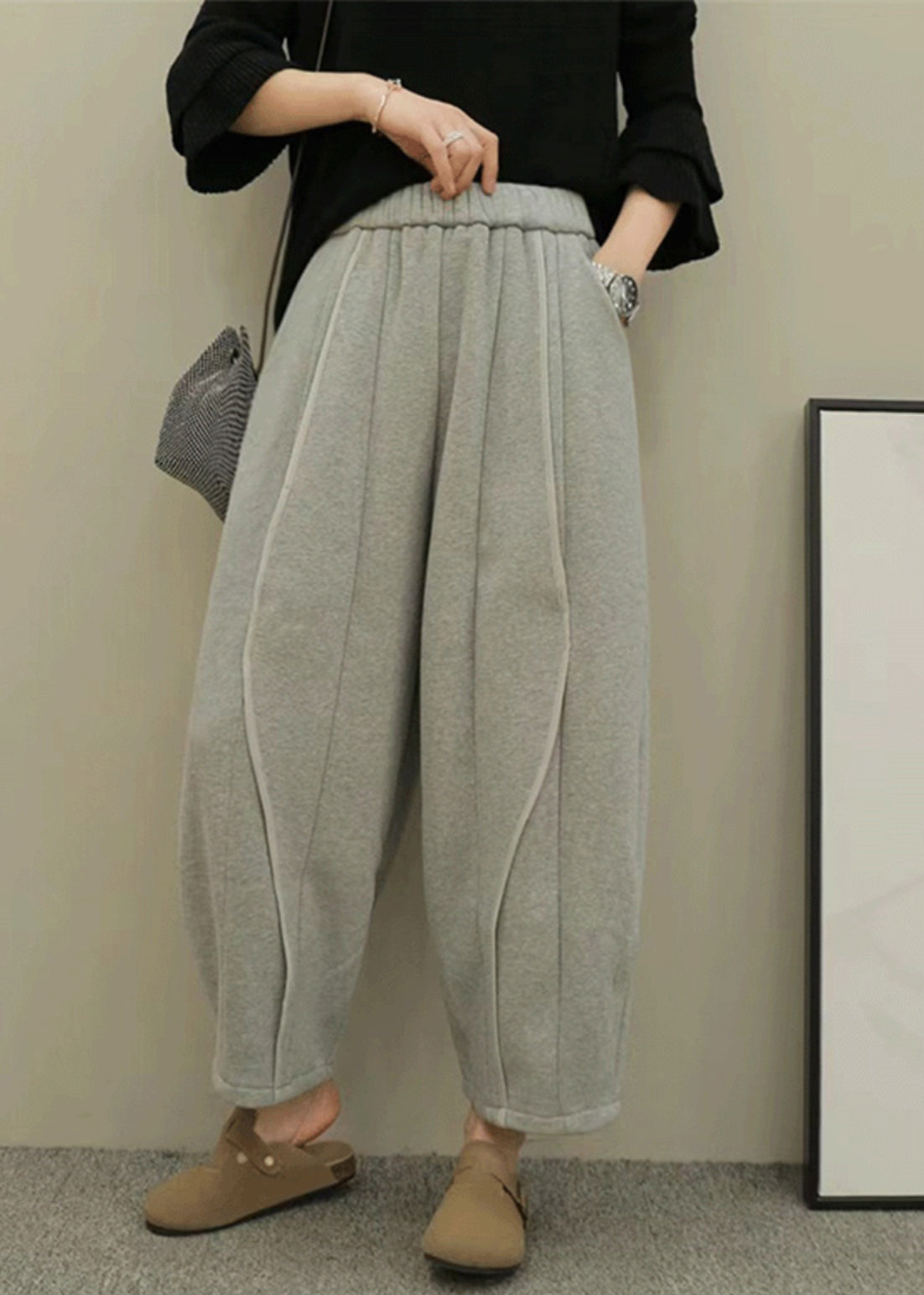 Women Casual Grey Pockets Elastic Waist Patchwork Cotton Pants Fall RU044