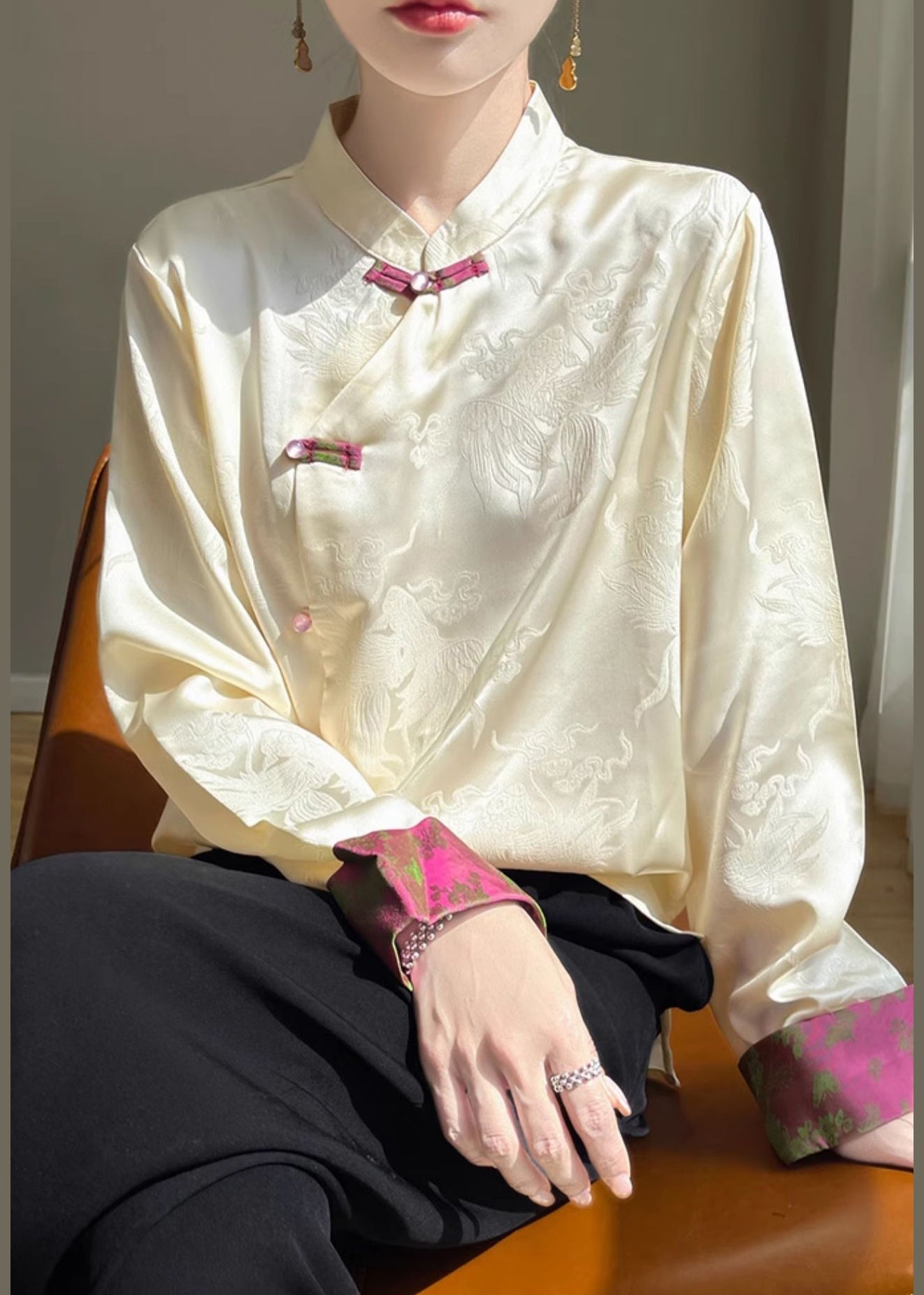 Women Champagne Stand Collar Button Silk Shirts Fall AB1038