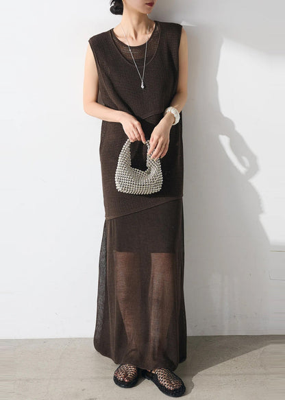 Asymmetrical Two Clothing Tulle Set Piece Women Chocolate