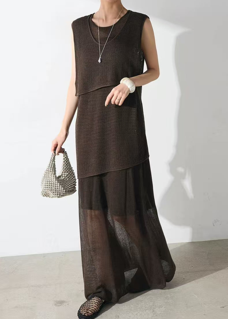 Asymmetrical Two Clothing Tulle Set Piece Women Chocolate