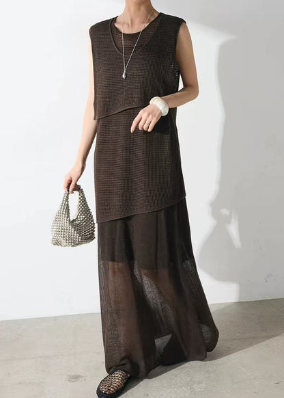 Asymmetrical Two Clothing Tulle Set Piece Women Chocolate