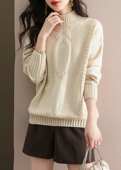 Women Coffee Half Hign Neck Thick Patchwork Knitted Sweaters Fall QL060