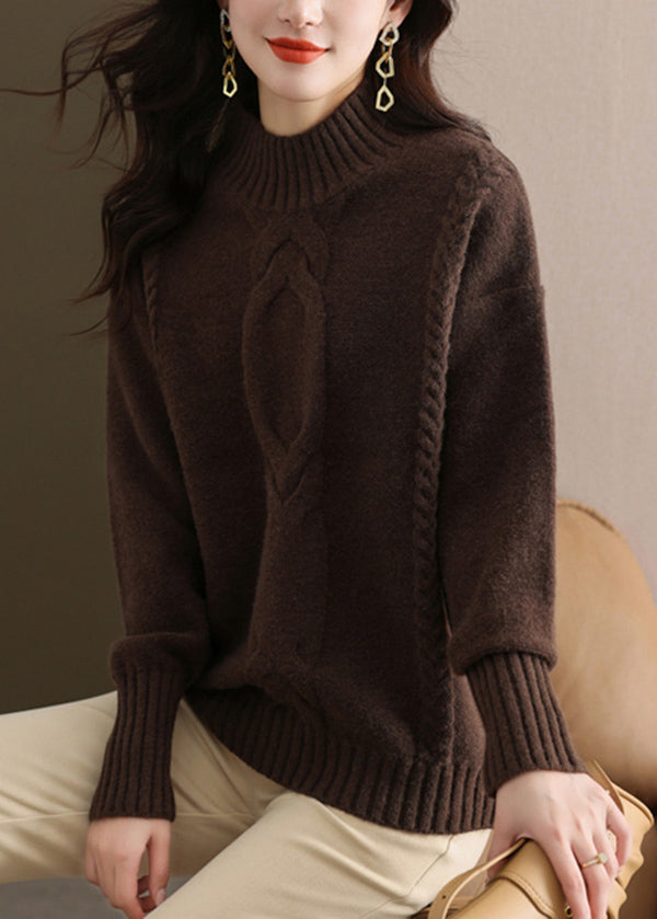 Women Coffee Half Hign Neck Thick Patchwork Knitted Sweaters Fall QL060