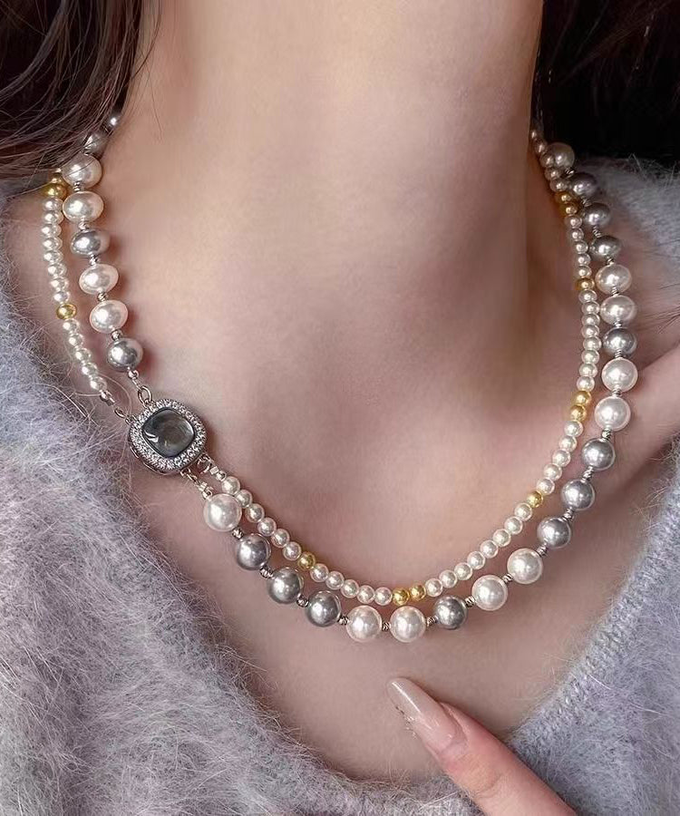 Collier de perles carrées graduées en argent sterling et zircons pour femmes WQ025