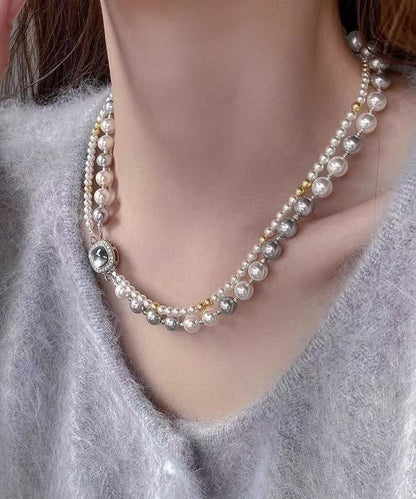 Collier de perles carrées graduées en argent sterling et zircons pour femmes WQ025