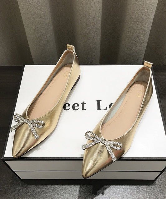 Pointed Splicing Shoes Comfy Flat Faux Leather Women Gold Bow Toe