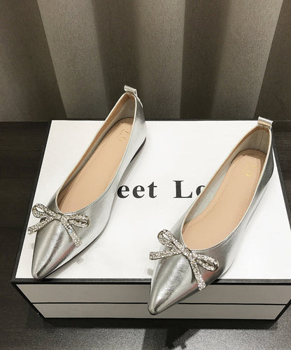 Pointed Splicing Shoes Comfy Flat Faux Leather Women Gold Bow Toe