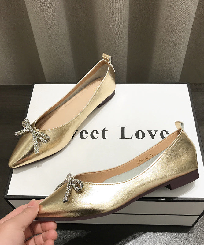 Pointed Splicing Shoes Comfy Flat Faux Leather Women Gold Bow Toe