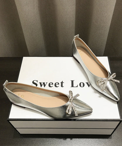 Pointed Splicing Shoes Comfy Flat Faux Leather Women Gold Bow Toe