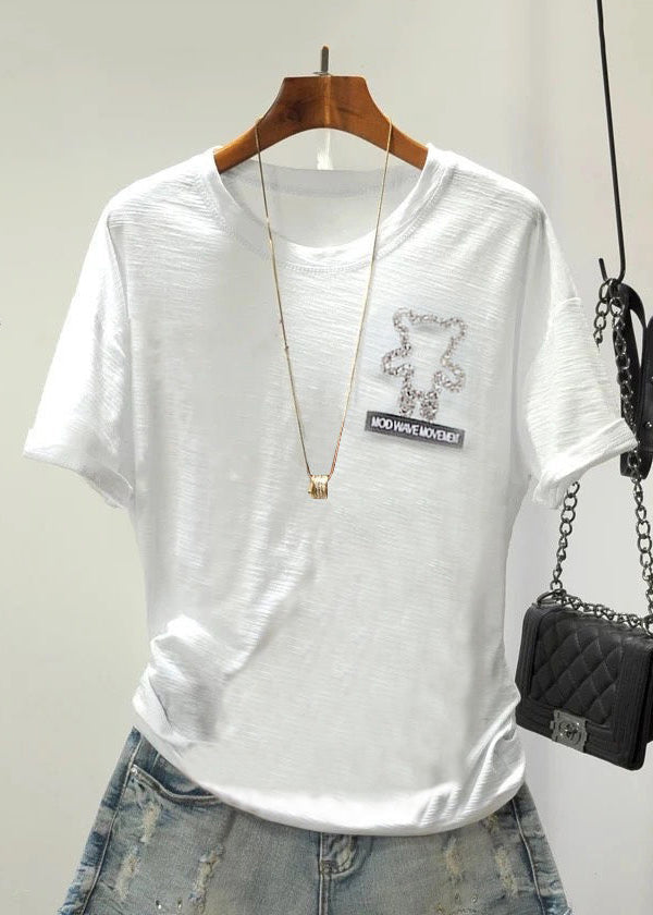 Women Daisy Zircon O Neck Cotton T Shirts Summer GH1003