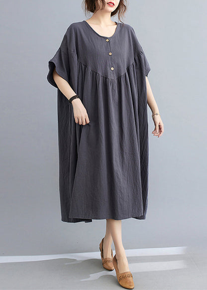 Women Dark Grey Patchwork Button Long Dresses Short Sleeve GH1018