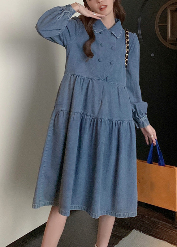 Women Denim Blue Wrinkled Patchwork Long Dress Spring RP009