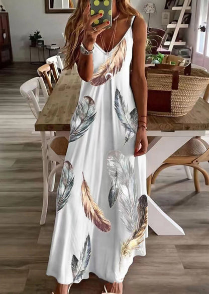 Women Feather Print V Neck Cotton Long Dresses Sleeveless WW1043