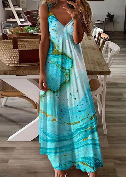 Women Feather Print V Neck Cotton Long Dresses Sleeveless WW1043