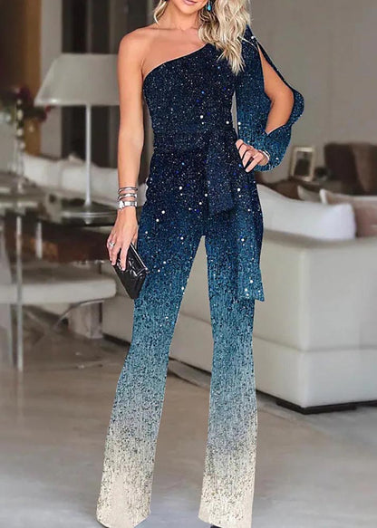 Women Blue One Two Asymmetrical Design Sequins Gradient Shoulder
