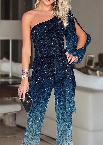 Women Blue One Two Asymmetrical Design Sequins Gradient Shoulder