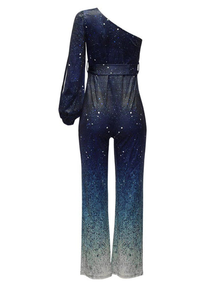 Women Blue One Two Asymmetrical Design Sequins Gradient Shoulder