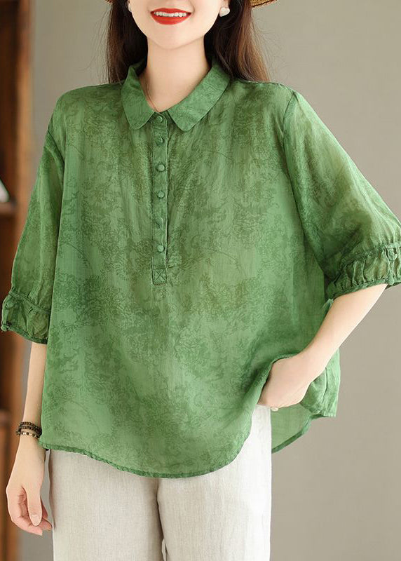 Chemise en lin à imprimé boutons verts pour femme Été GG052