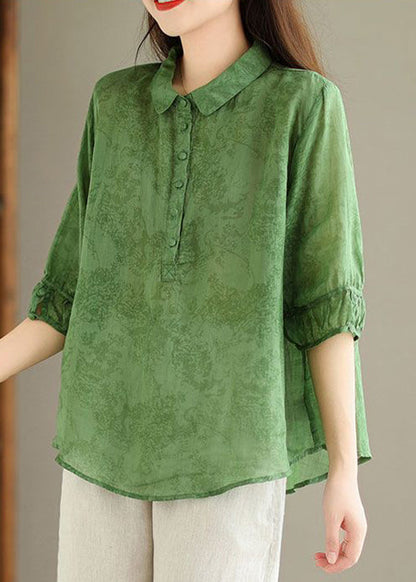 Chemise en lin à imprimé boutons verts pour femme Été GG052