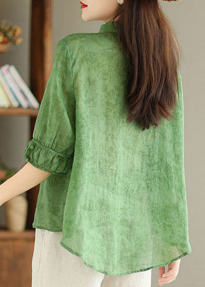 Chemise en lin à imprimé boutons verts pour femme Été GG052