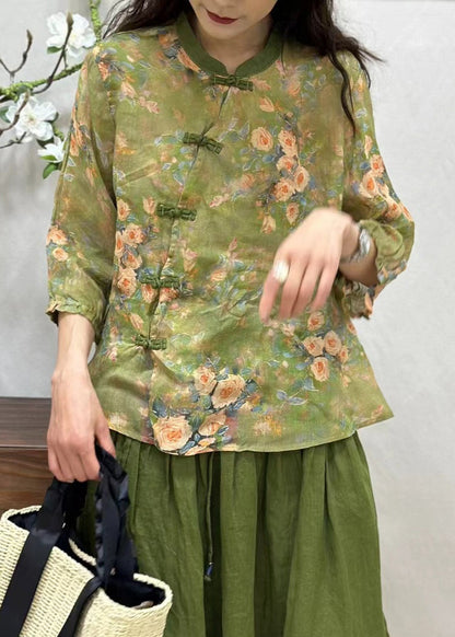 Women Green Chinese Button Print Linen Shirt Bracelet Sleeve JH005