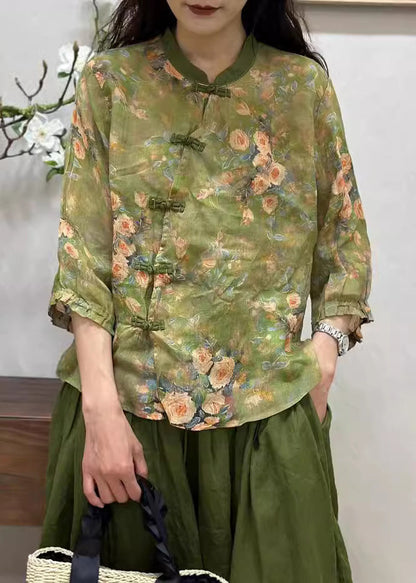 Women Green Chinese Button Print Linen Shirt Bracelet Sleeve JH005