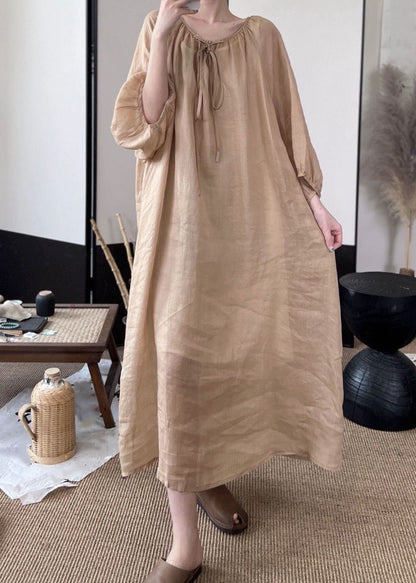 Women Green Lace Up Solid Linen Long Dresses Fall MN053