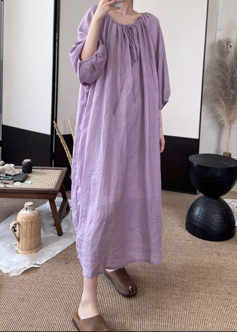 Women Green Lace Up Solid Linen Long Dresses Fall MN053