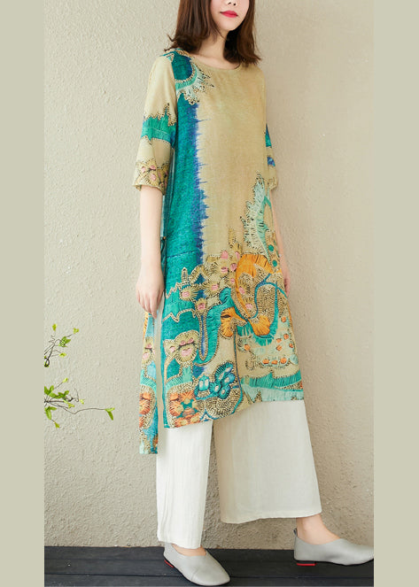 Oversized Print Summer Dress Linen Green Women