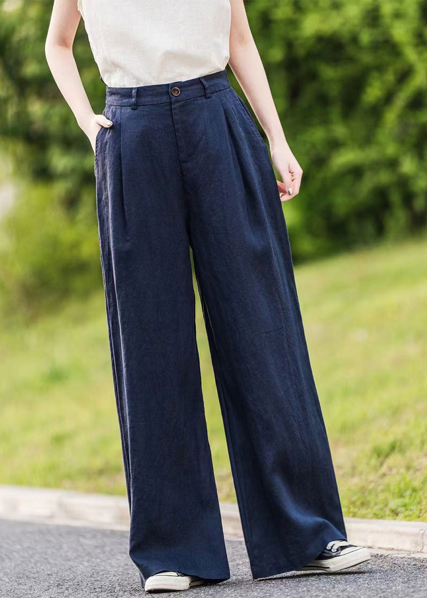 Summer Pants Straight Pockets Women Green Linen