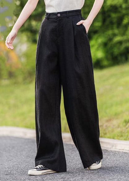 Summer Pants Straight Pockets Women Green Linen