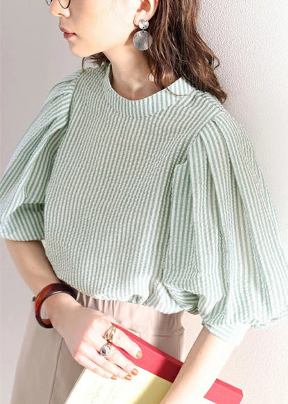 Cotton Sleeve Women Blouses Puff Striped Green
