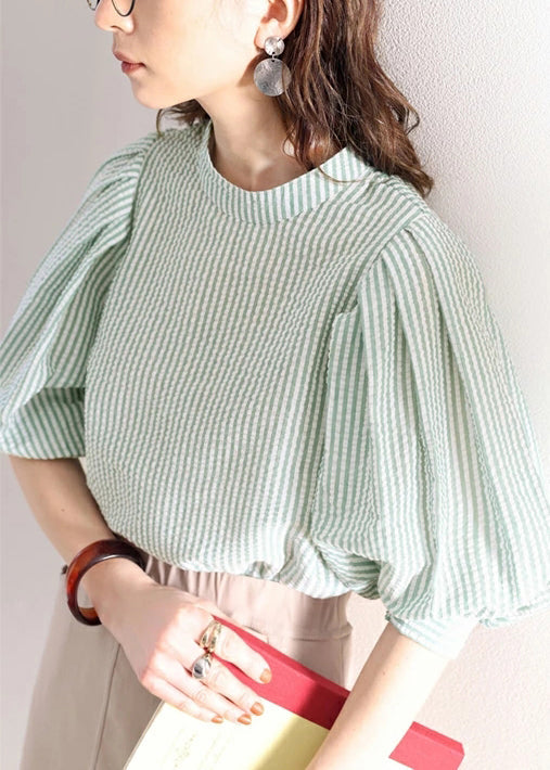 Cotton Sleeve Women Blouses Puff Striped Green